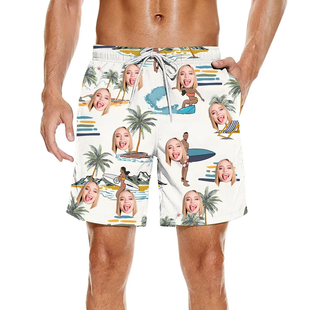 Tropical Beach Party Swim Shorts Men's Trunks Customized Face Photo Personalized Gift Beach Vacation Outfit