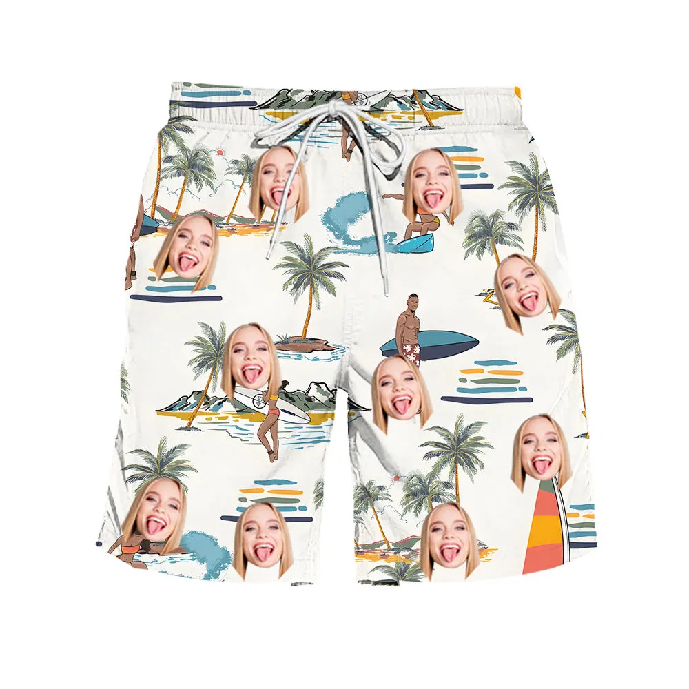 Tropical Beach Party Swim Shorts Men's Trunks Customized Face Photo Personalized Gift Beach Vacation Outfit