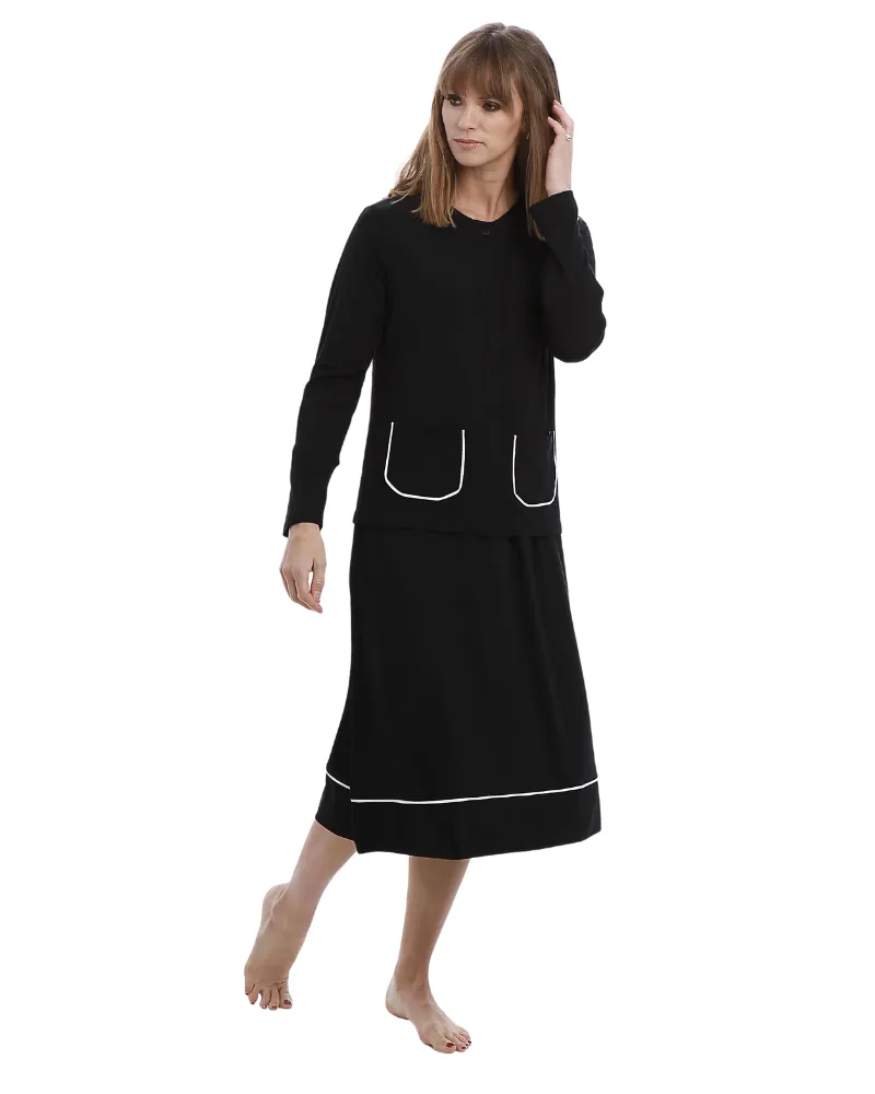 Tudor Short Embroidered Black Pull On Modal Nightshirt & Cardigan Set