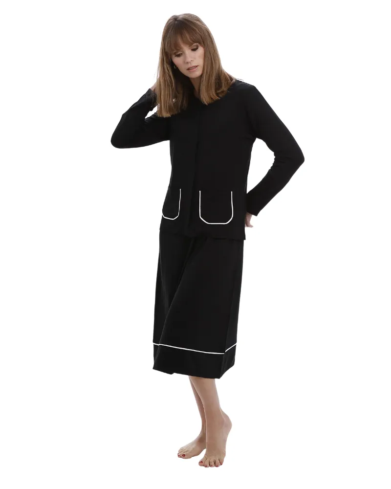 Tudor Short Embroidered Black Pull On Modal Nightshirt & Cardigan Set