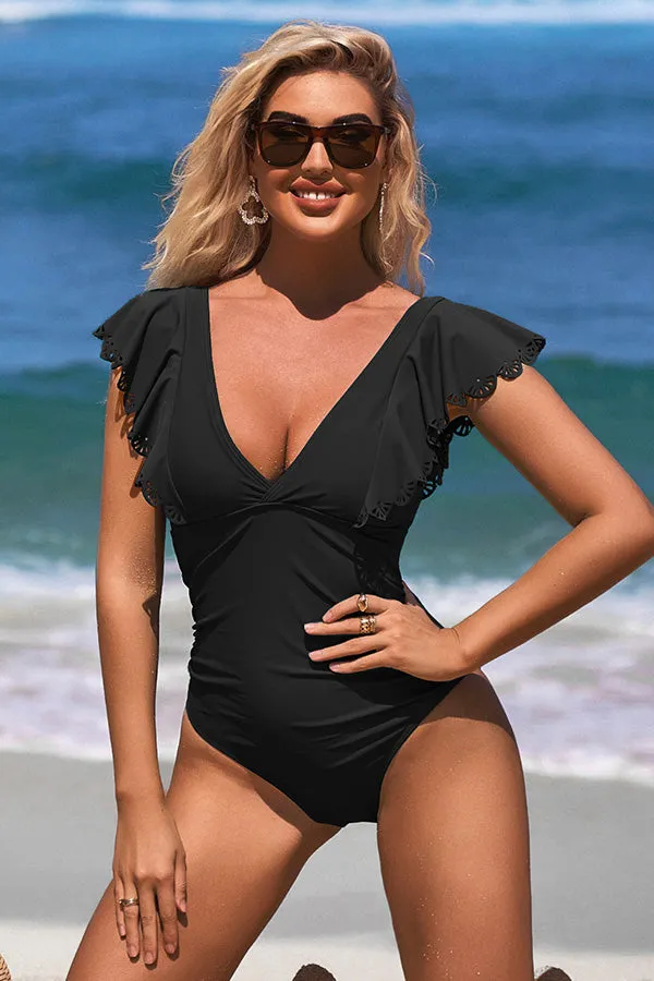 V Neck Solid Color Ruching Tummy Control One-piece Swimsuit