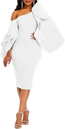 VERWIN Bodycon Dress for Woman Long Sleeve Knee-Length Ruffle Sleeve Off Shoulder Evening Dress