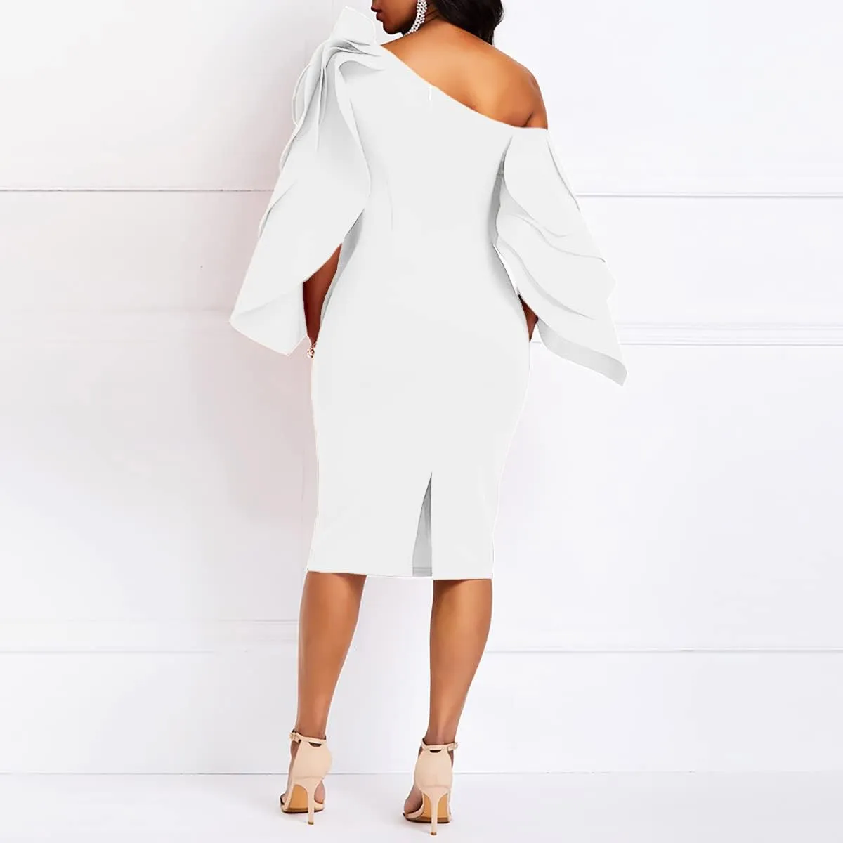 VERWIN Bodycon Dress for Woman Long Sleeve Knee-Length Ruffle Sleeve Off Shoulder Evening Dress
