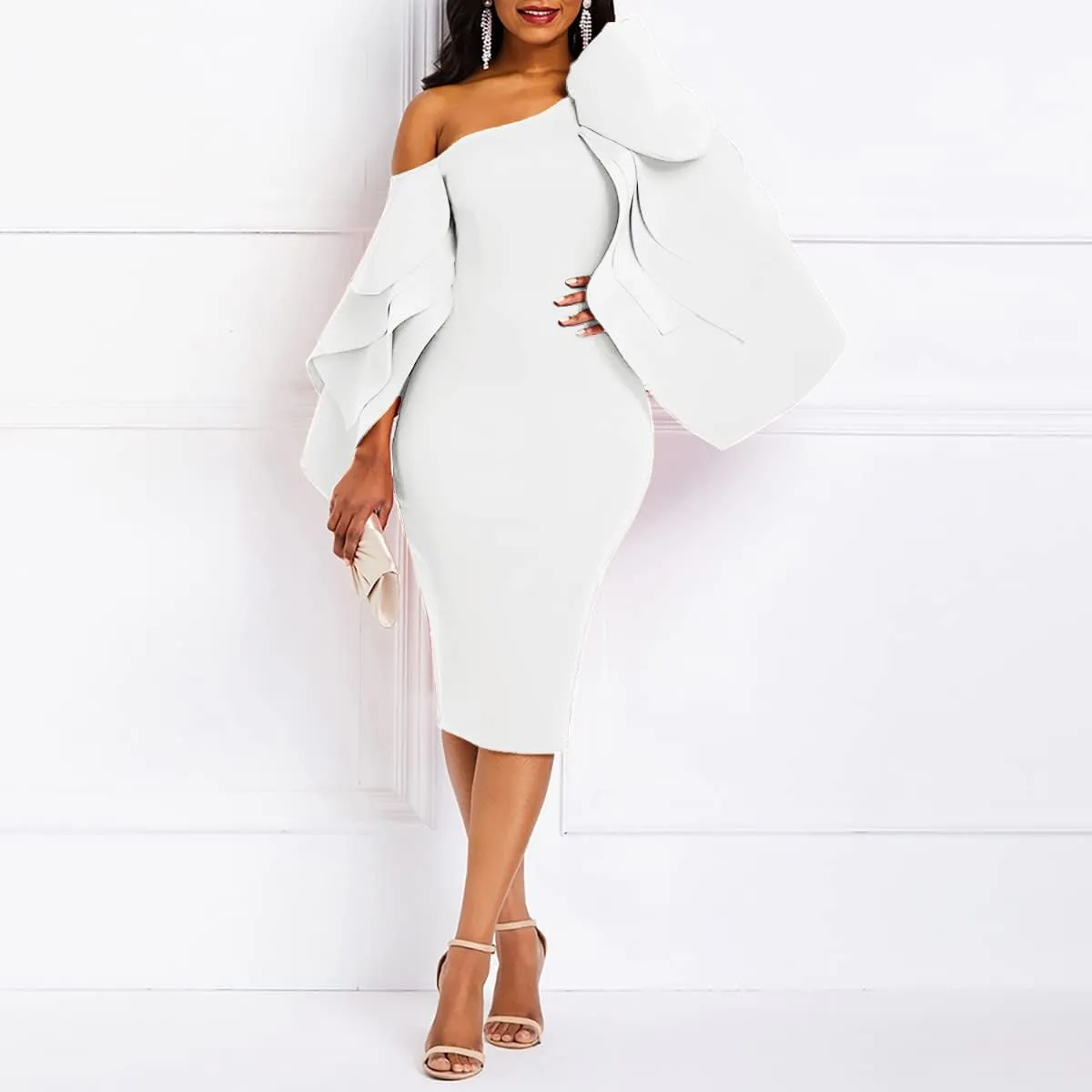 VERWIN Bodycon Dress for Woman Long Sleeve Knee-Length Ruffle Sleeve Off Shoulder Evening Dress