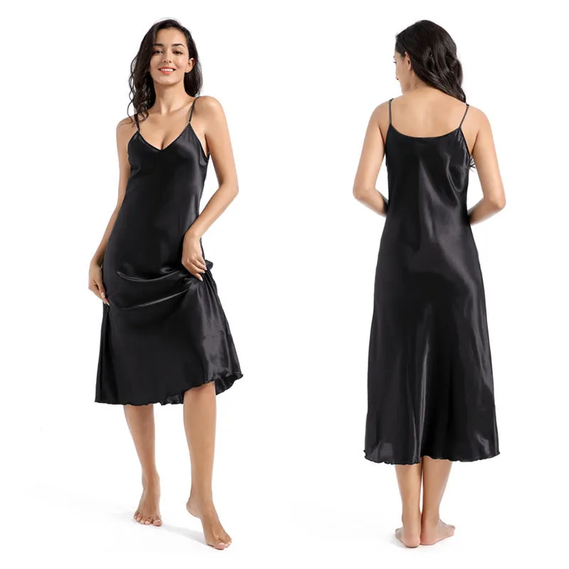 Wholesale Mid-length Slim Sexy Large V-neck Suspender Silk Nightgown