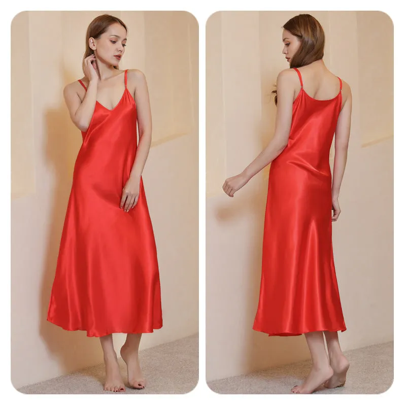 Wholesale Mid-length Slim Sexy Large V-neck Suspender Silk Nightgown