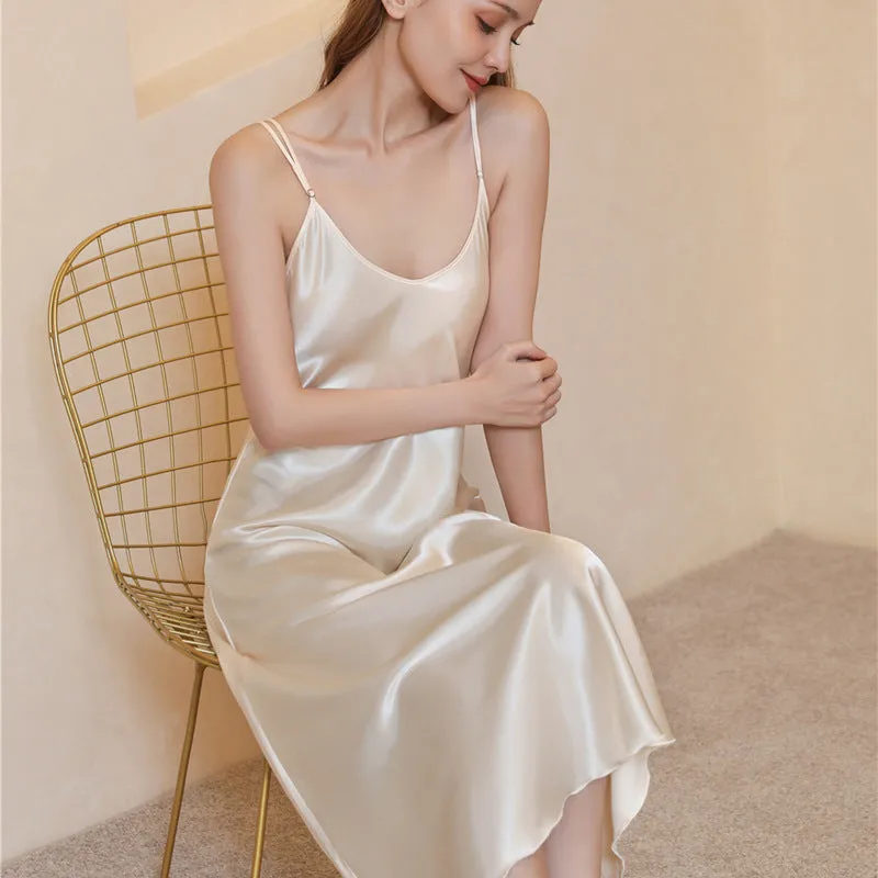Wholesale Mid-length Slim Sexy Large V-neck Suspender Silk Nightgown