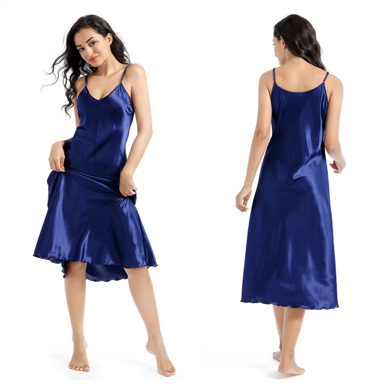 Wholesale Mid-length Slim Sexy Large V-neck Suspender Silk Nightgown