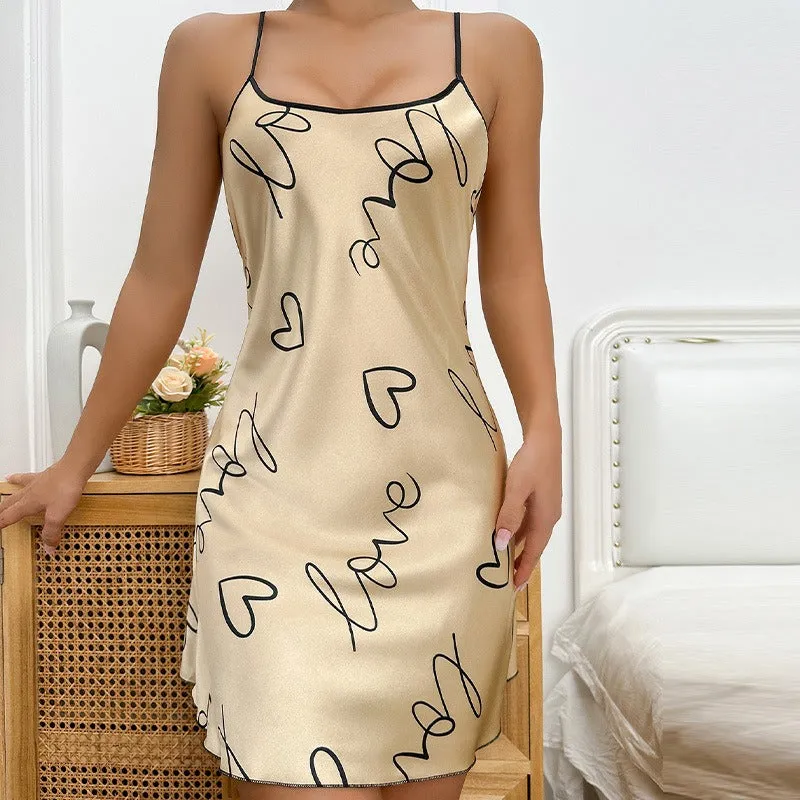 Wholesale Printed Ice Silk Backless Suspender Skirt Thin Breathable Pajamas