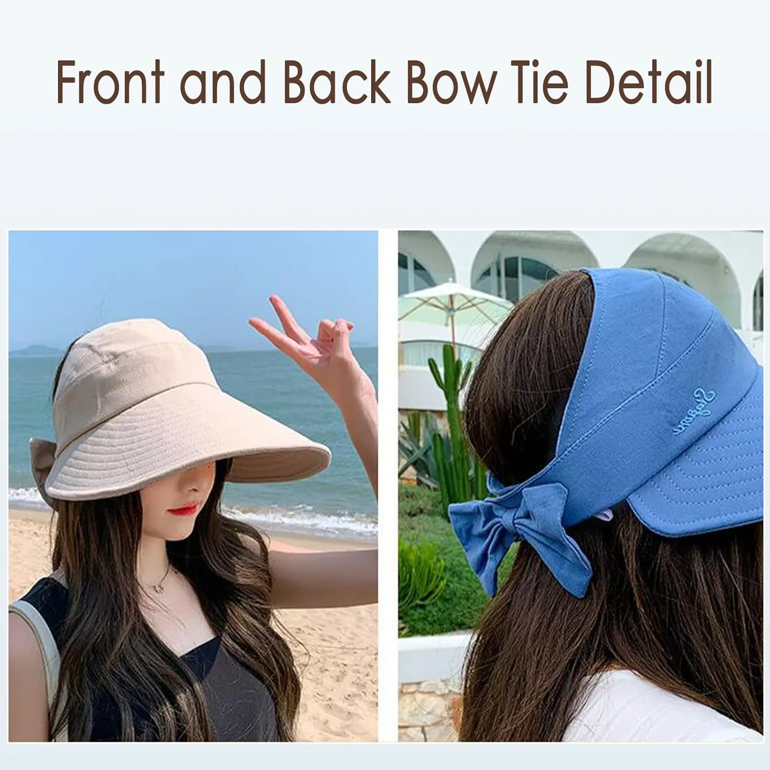 Women Sun Visor Hat Bow Adjustable Large Wide Brim Foldable Hats Summer UV Protection Beach Cap