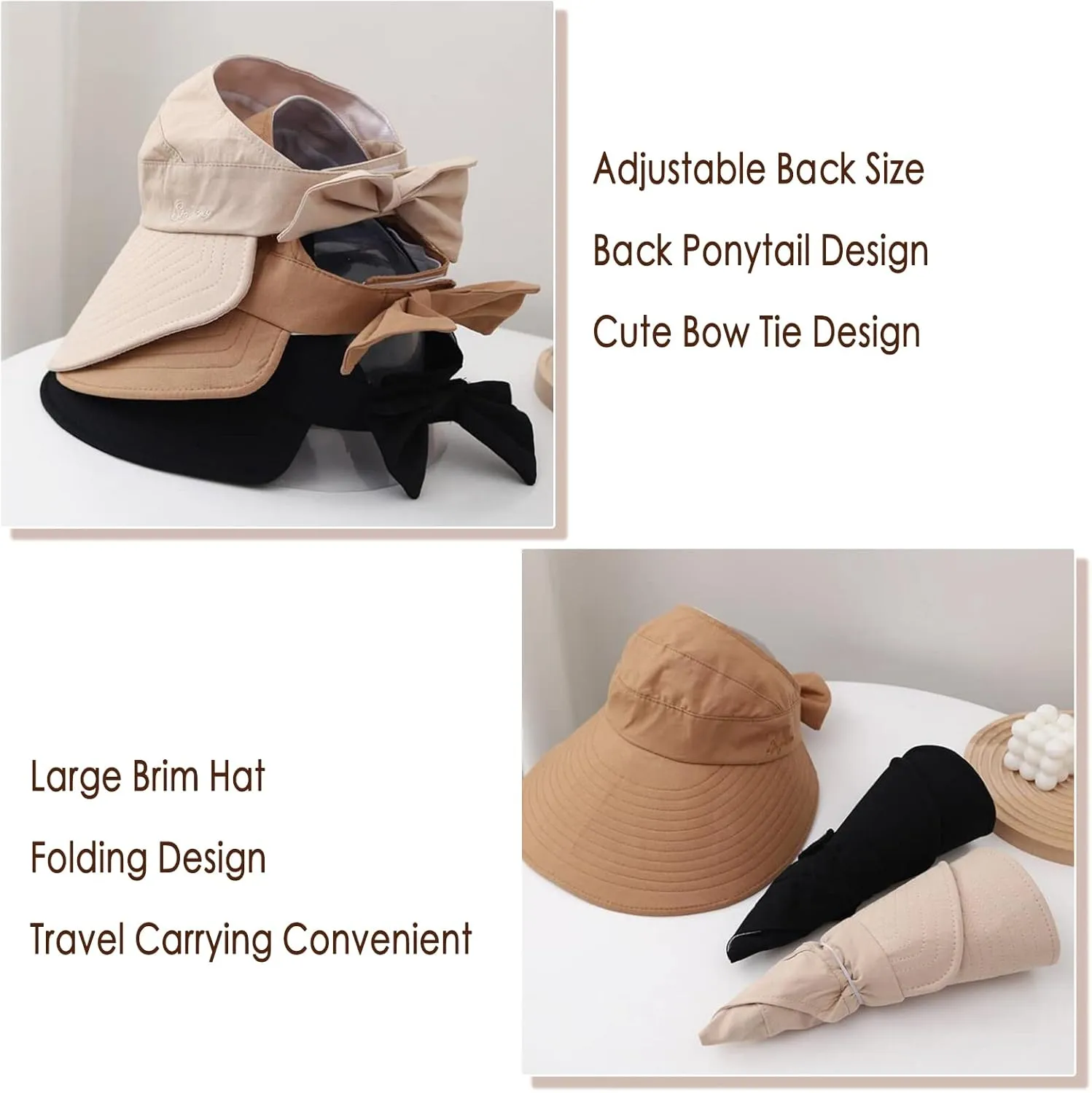 Women Sun Visor Hat Bow Adjustable Large Wide Brim Foldable Hats Summer UV Protection Beach Cap