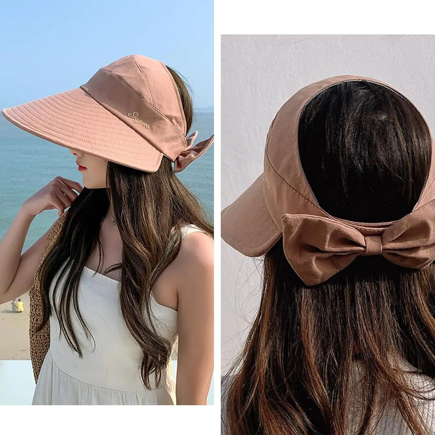 Women Sun Visor Hat Bow Adjustable Large Wide Brim Foldable Hats Summer UV Protection Beach Cap