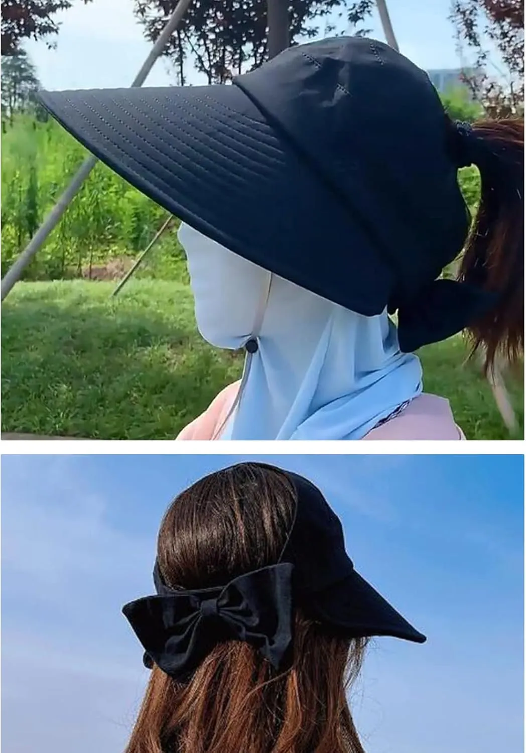 Women Sun Visor Hat Bow Adjustable Large Wide Brim Foldable Hats Summer UV Protection Beach Cap