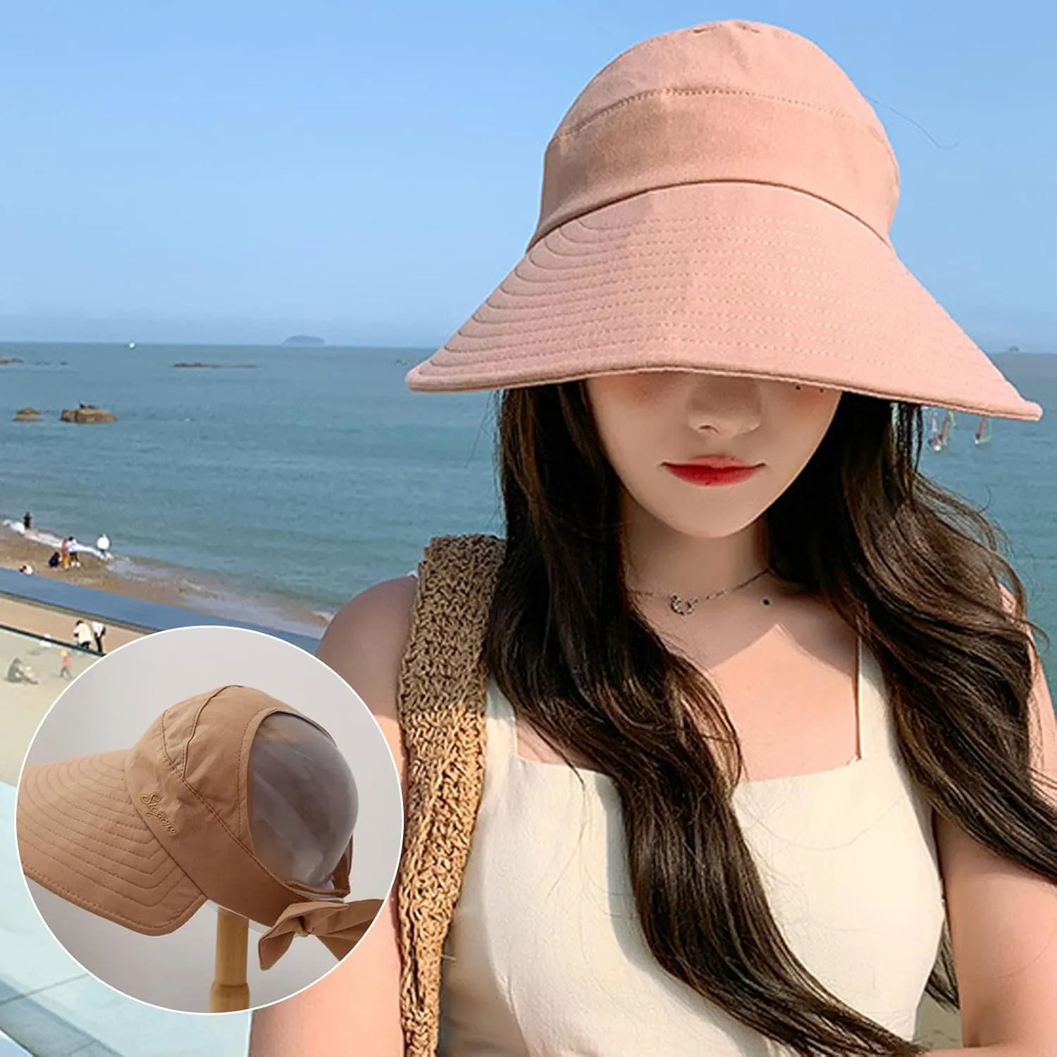 Women Sun Visor Hat Bow Adjustable Large Wide Brim Foldable Hats Summer UV Protection Beach Cap