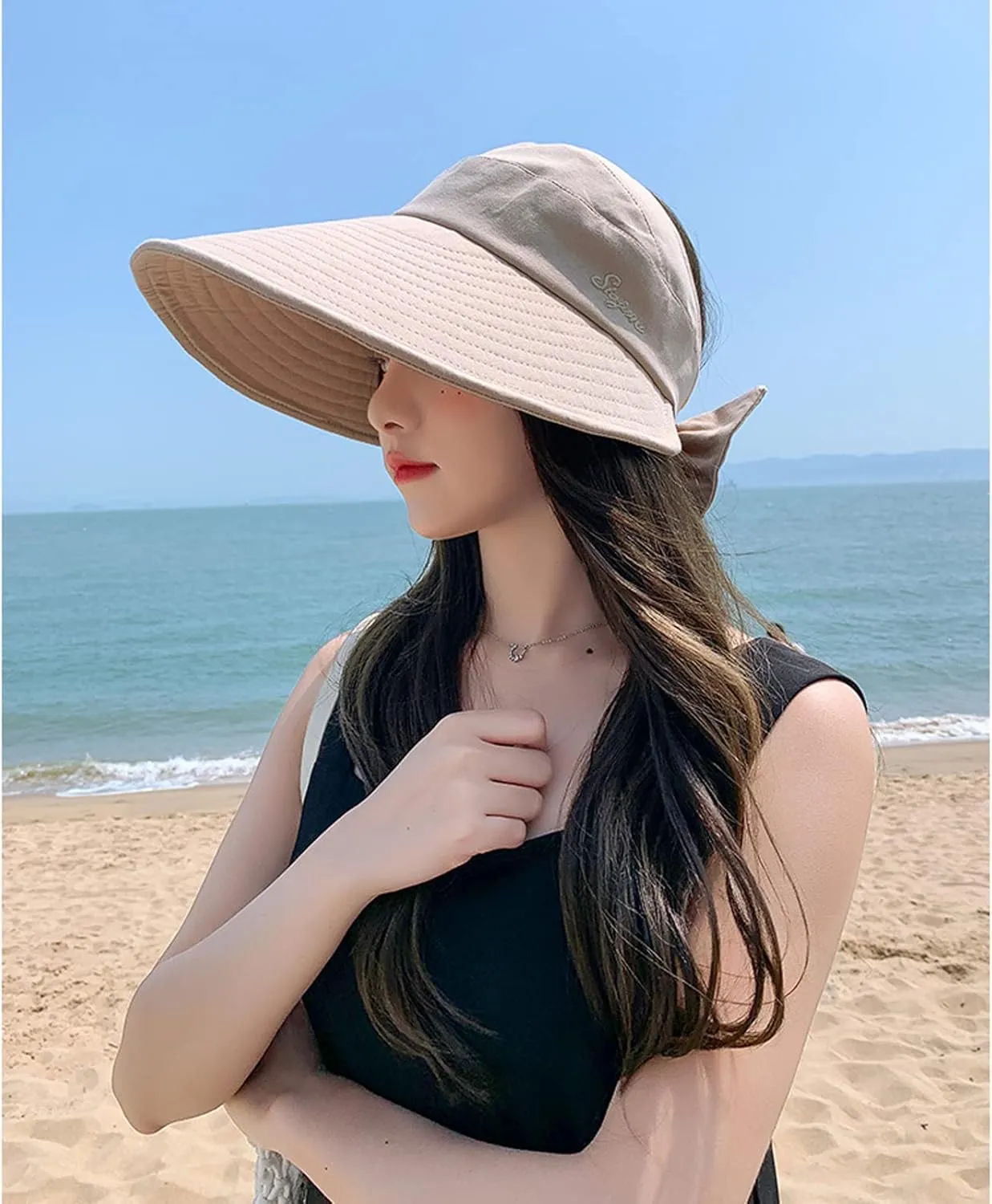 Women Sun Visor Hat Bow Adjustable Large Wide Brim Foldable Hats Summer UV Protection Beach Cap