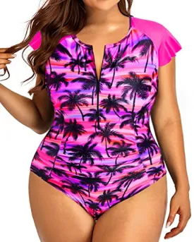 Women's Plus Size Tummy Control Swimsuits Zipper Tummy Control One Piece Swimwear