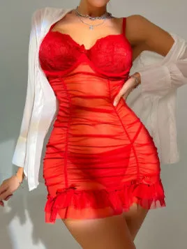 Women's transparent dress, sexy bunny girl outfit, low cut camisole pleated nightgown